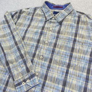 Tommy Bahama Shirt Mens XL Blue Gray Yellow Plaid Long Sleeve Button Up Casual